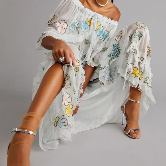 Free People Fillyboo Sweet Pea Tambourine Maxi Dress Off The Shoulder Gray Blue - Picture 4 of 6